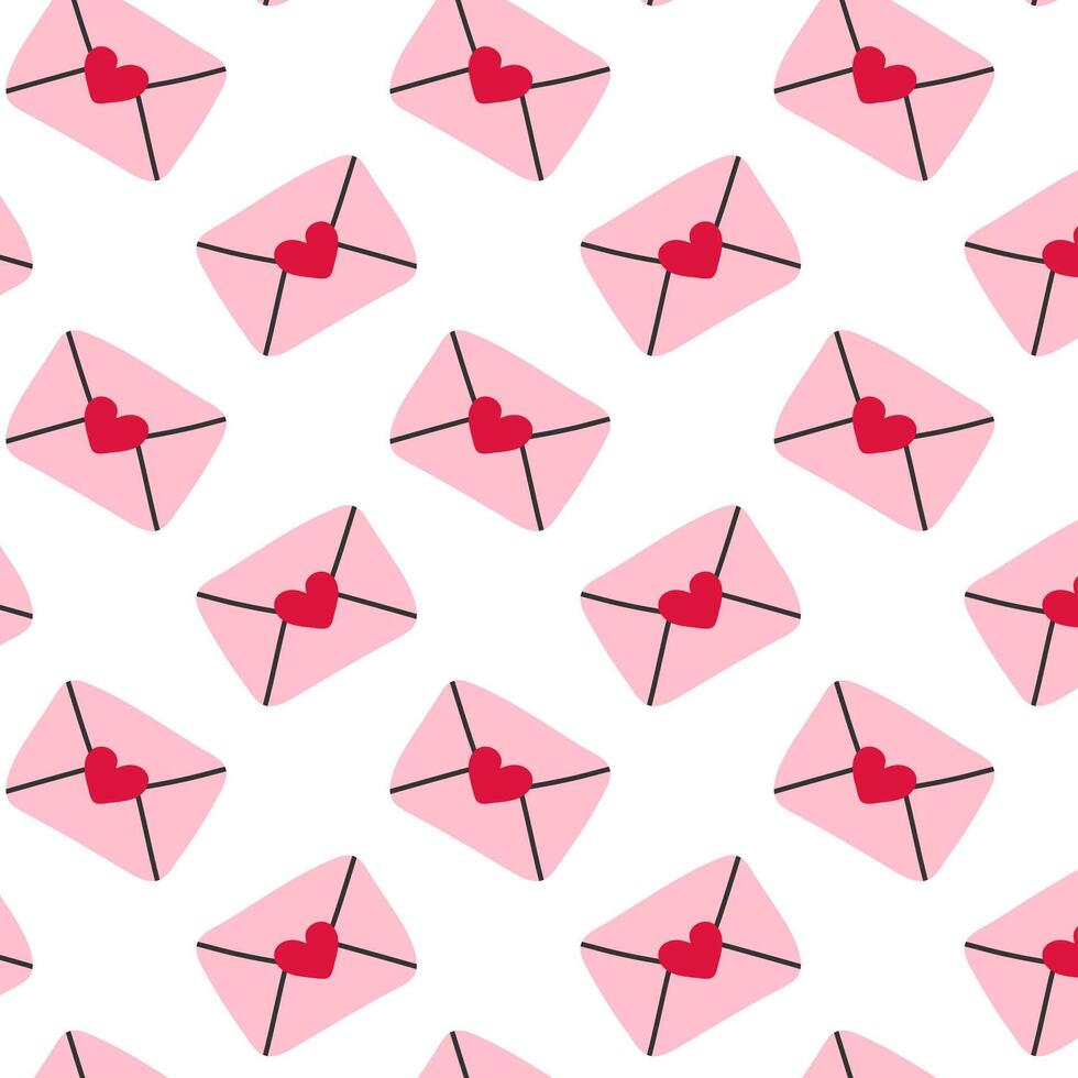 Seamless pattern with pink envelopes and red hearts. Charming hand-drawn design ideal for Valentine's Day, scrapbooking, greeting cards, party invitations, posters, stickers, and gift wrapping vector