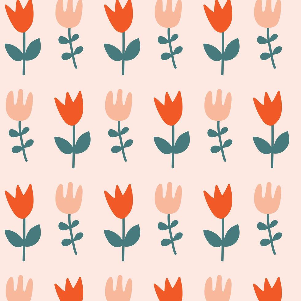Seamless hand drawn floral pattern of stylized tulips in earthy tones of red, peach, and green, arranged on a light beige background. For textile design, wallpaper, gift wrapping, and stationery. vector