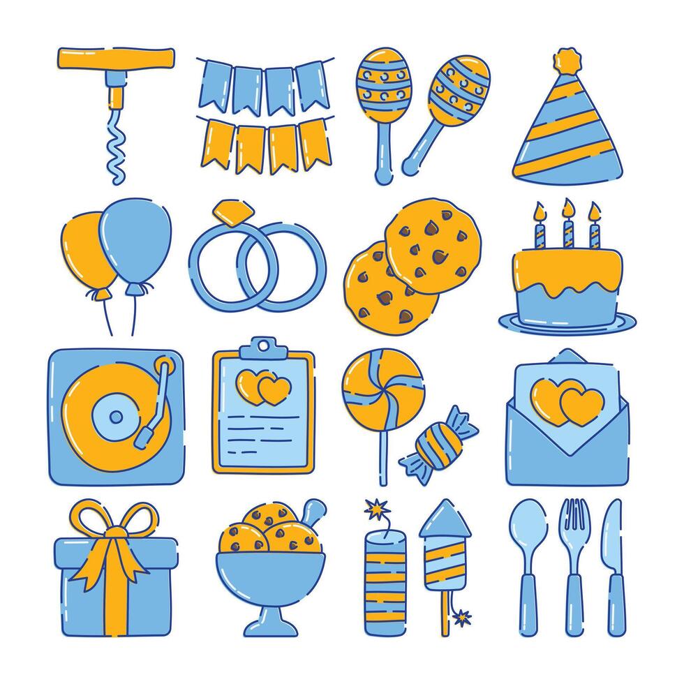 Colorful doodle style celebration icons Illustration. Perfect for festive designs, invitations, new year event, and holiday-themed projects. vector