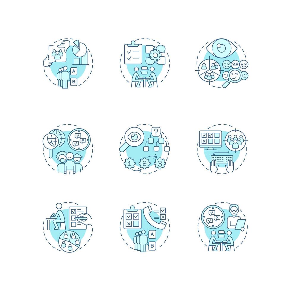 Research methods soft blue concept icons. Data collecting, survey. Marketing strategy. Icon pack. Round shape illustrations for infographic, presentation. Abstract idea vector