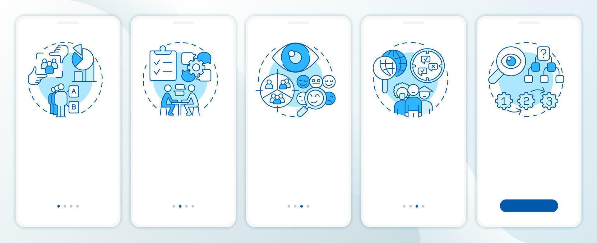 Market research methods blue onboarding mobile app screen. Walkthrough 5 steps editable graphic instructions with linear concepts. UI, UX, GUI template vector