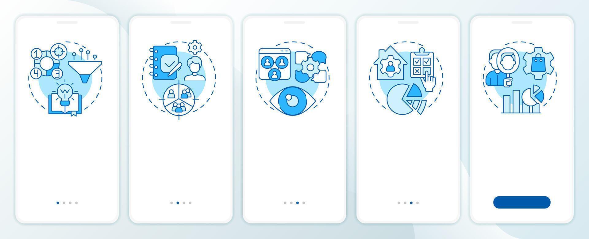 Market research blue onboarding mobile app screen. Walkthrough 5 steps editable graphic instructions with linear concepts. UI, UX, GUI template vector