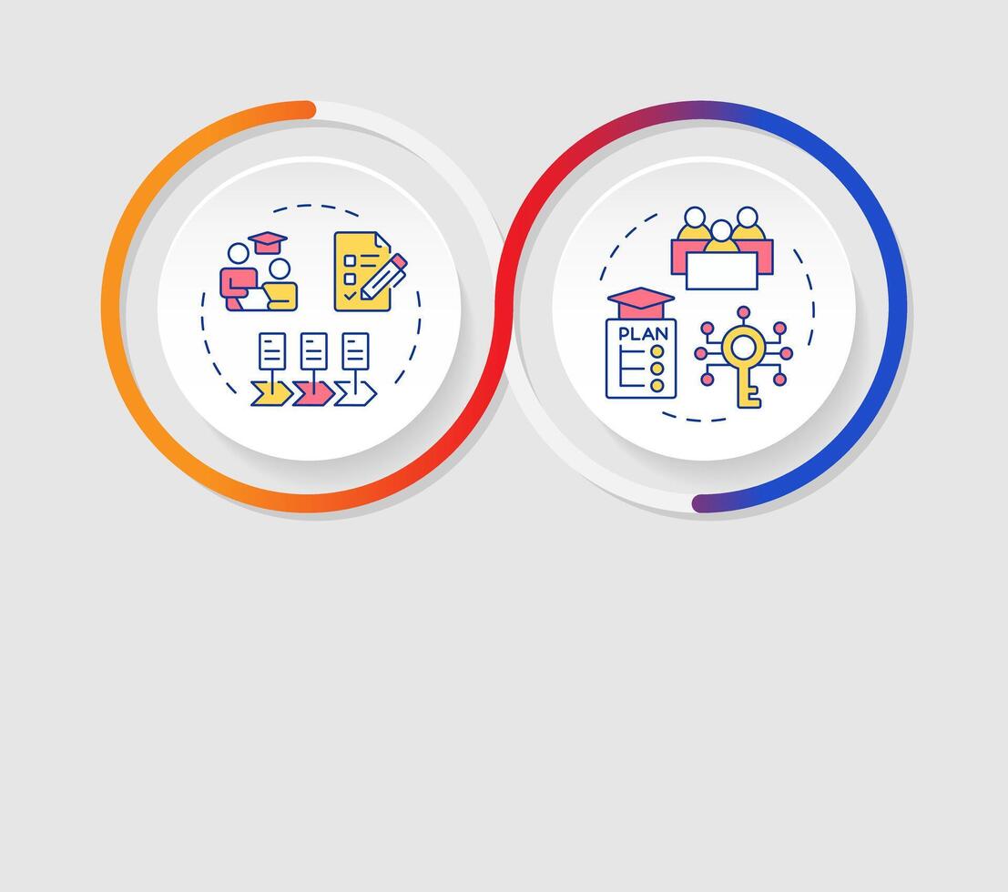 IEP and 504 plan infographics circles sequence. Inclusive educative programs for public schools. Visualization layout with 2 steps. Info chart loop process presentation vector