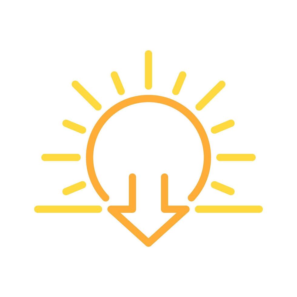 Sunset two color line icon. Sun and downward arrow symbol. Evening time. Dusk. Transition from day to night bicolor outline symbol. Duotone linear pictogram. Isolated illustration. Editable stroke vector