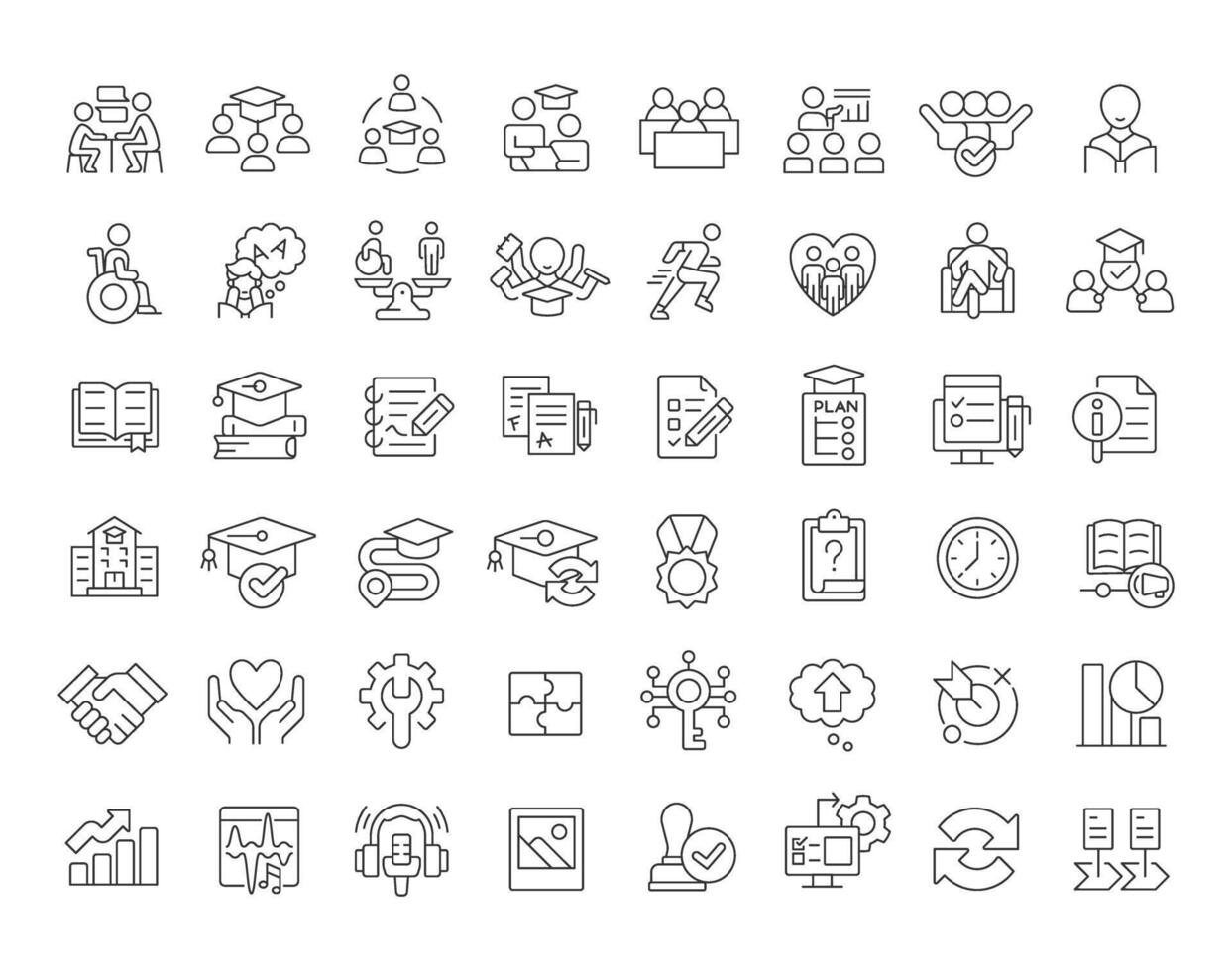 Special education linear icons set. Inclusive learning program for students with needs. School accessibility. Customizable thin line symbols. Isolated outline illustrations. Editable stroke vector