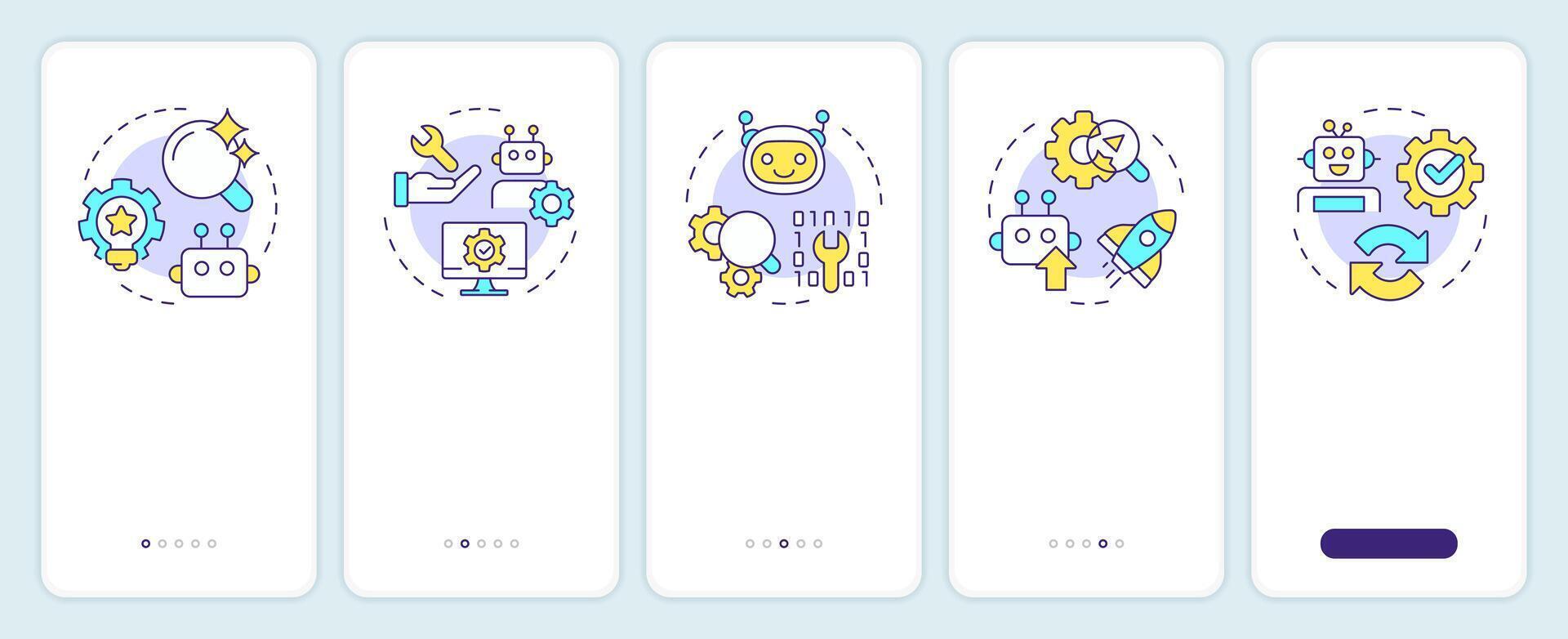 RPA implementation onboarding mobile app screen. Innovations walkthrough 5 steps editable graphic instructions with linear concepts. UI, UX, GUI template vector