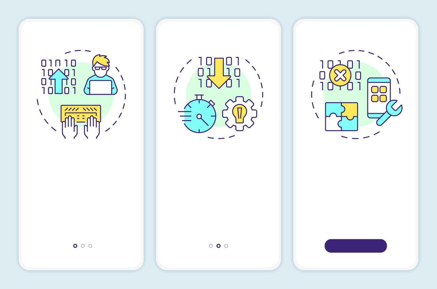 App development approaches onboarding mobile app screen. RPA walkthrough 3 steps editable graphic instructions with linear concepts. UI, UX, GUI template vector