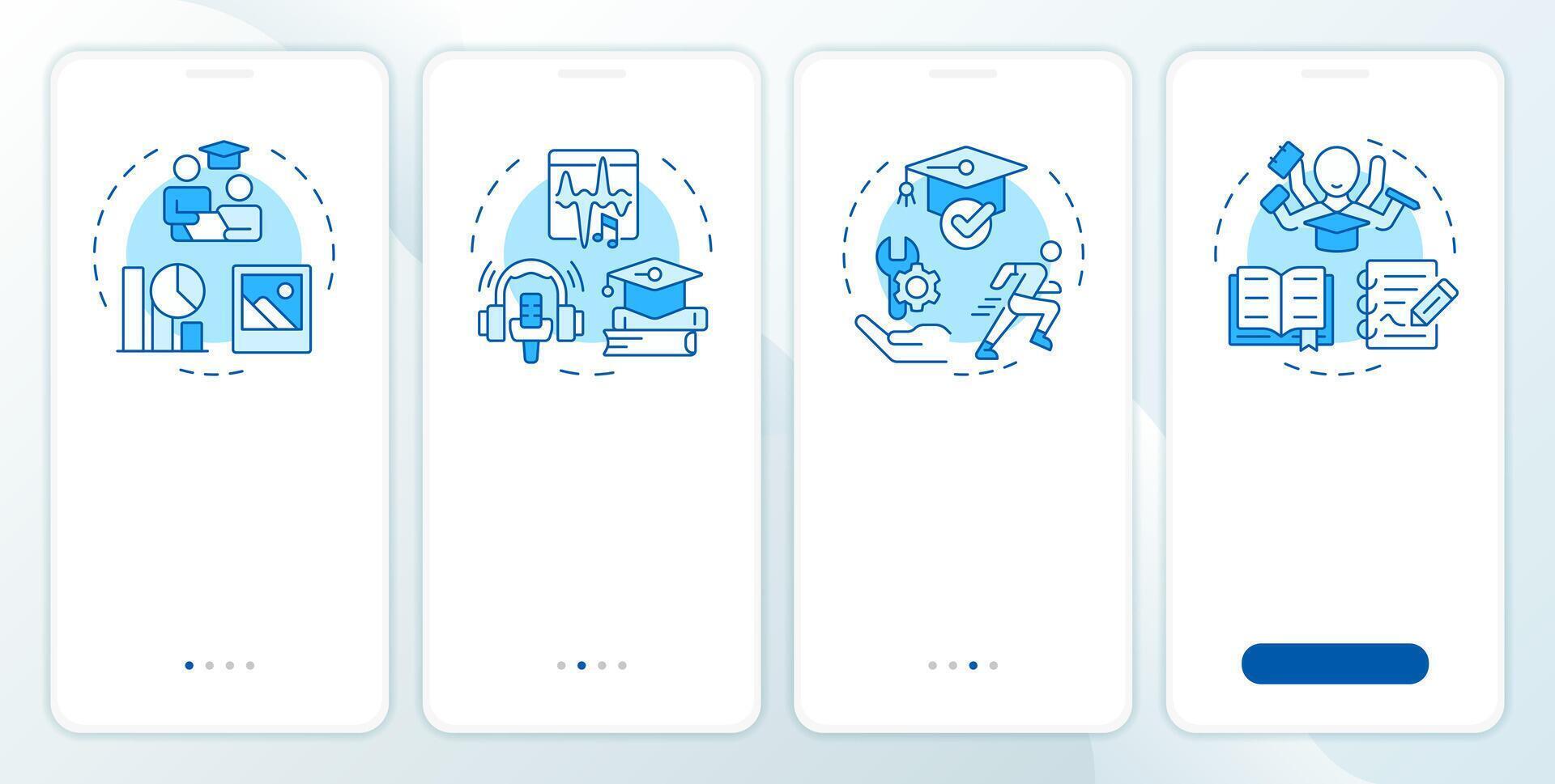 Learning styles blue onboarding mobile app screen. Education walkthrough 4 steps editable graphic instructions with linear concepts. UI, UX, GUI template vector