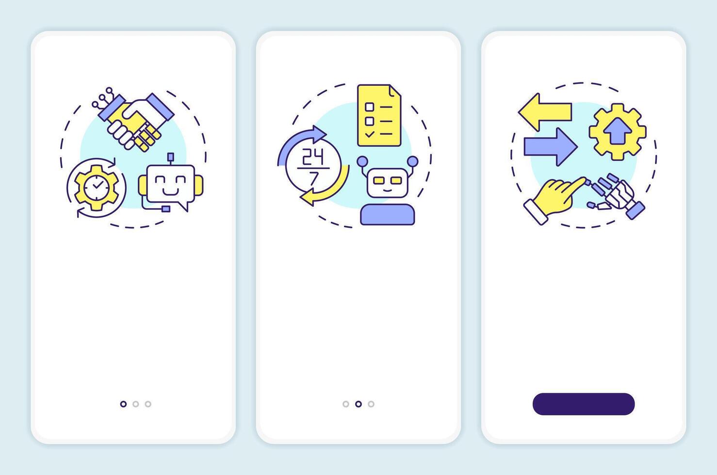RPA types onboarding mobile app screen. Robotic process automation walkthrough 3 steps editable graphic instructions with linear concepts. UI, UX, GUI template vector