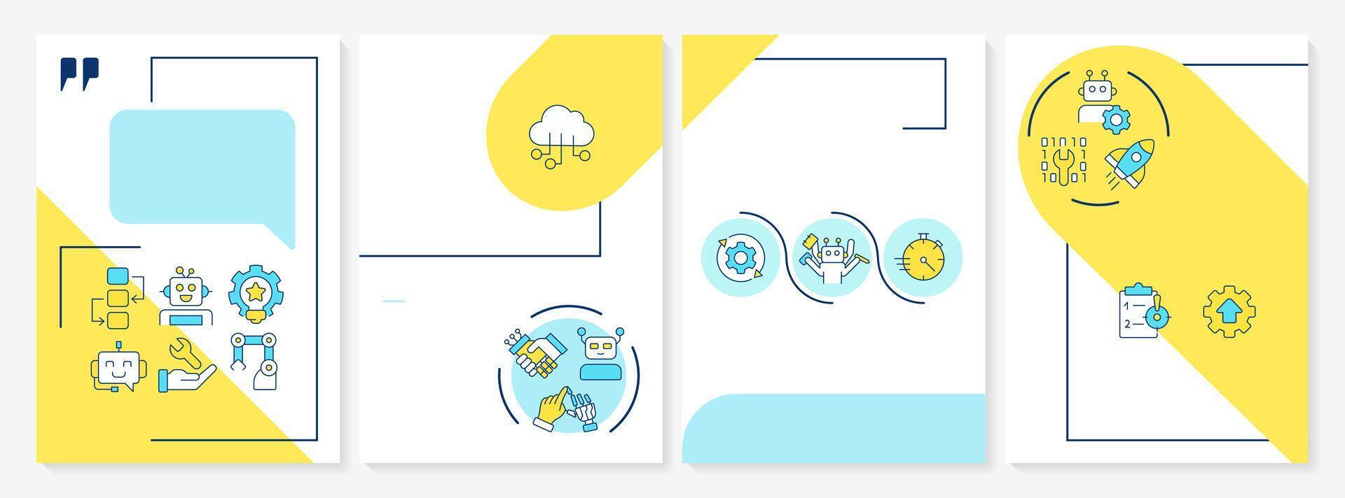 RPA blue and yellow brochure template. Implementation of bots in technological processes. Leaflet design with linear icons. Editable 4 layouts vector