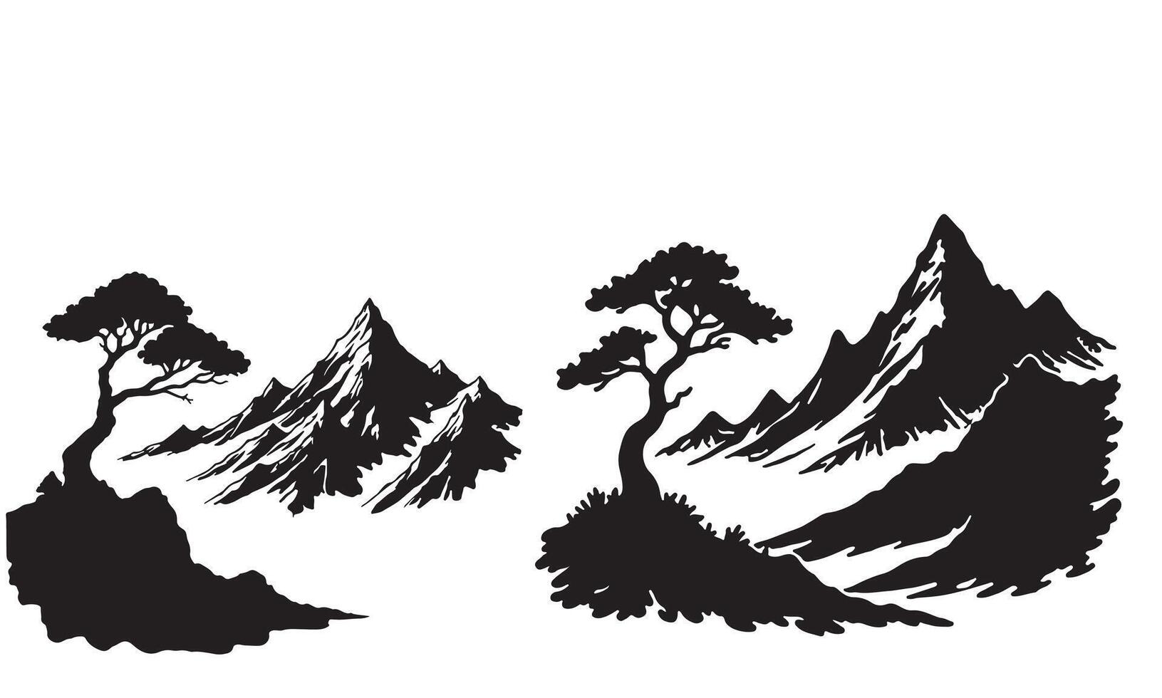 Elegant Black and White Mountain Scene with Bonsai Tree Art vector