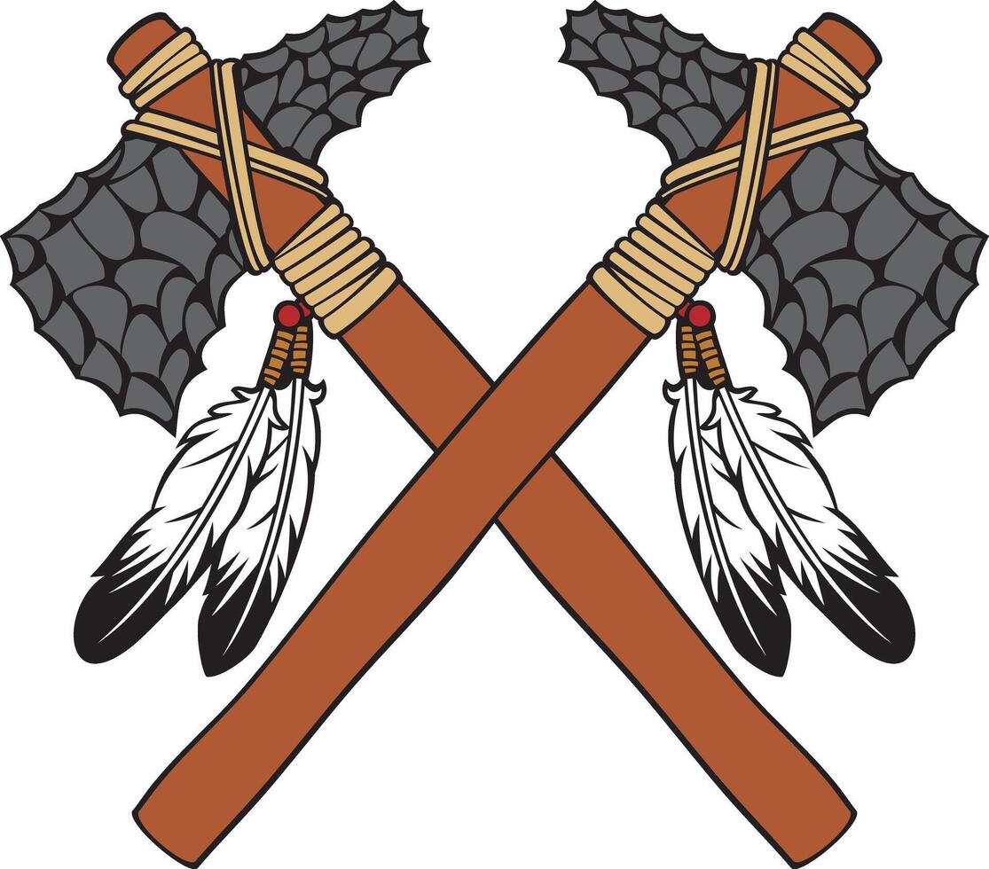 Crossed Indian Axes. Native American Warrior Obsidian Tomahawks. vector