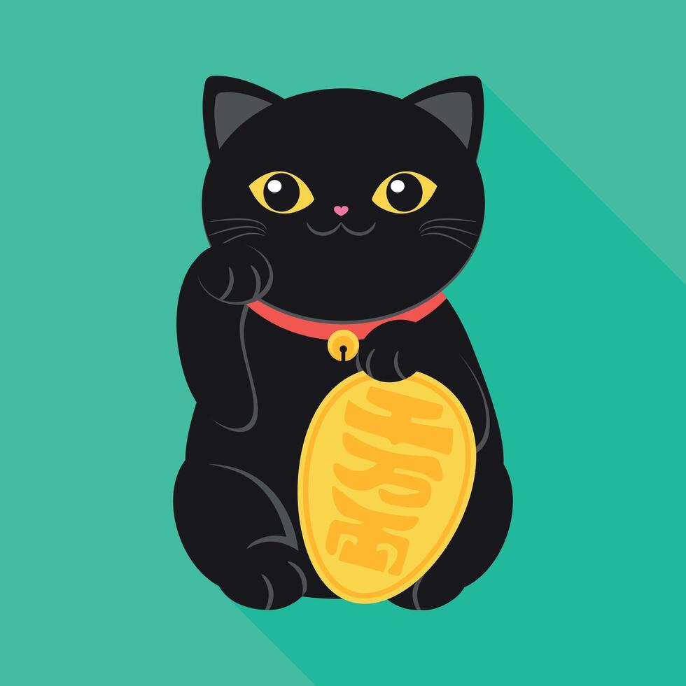 Black Maneki neko cat icon with a raised right paw. Japanese lucky cat flat cartoon illustration. Symbol of wealth and luck vector