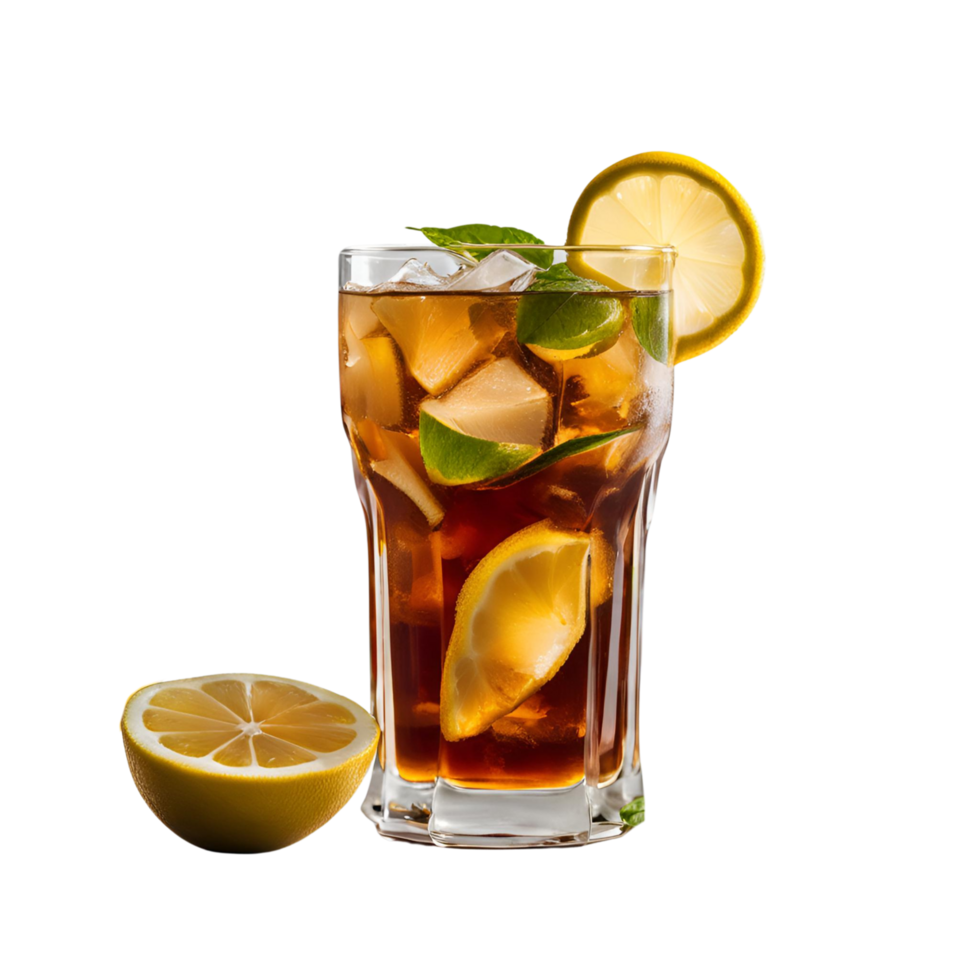 Glass of iced tea with lemon slice png