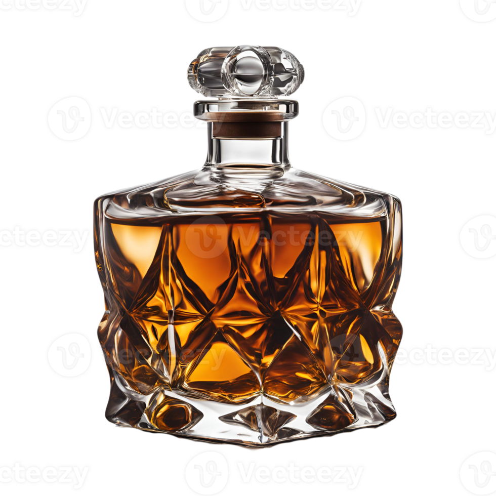 A whiskey bottle with a heavy crystal stopper png