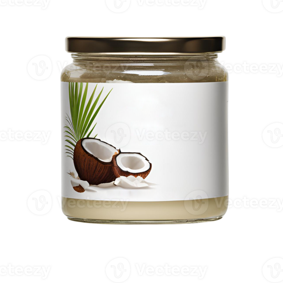 Organic Coconut Oil in an Elegant Jar, Accented by Coconut Shells and Flakes png