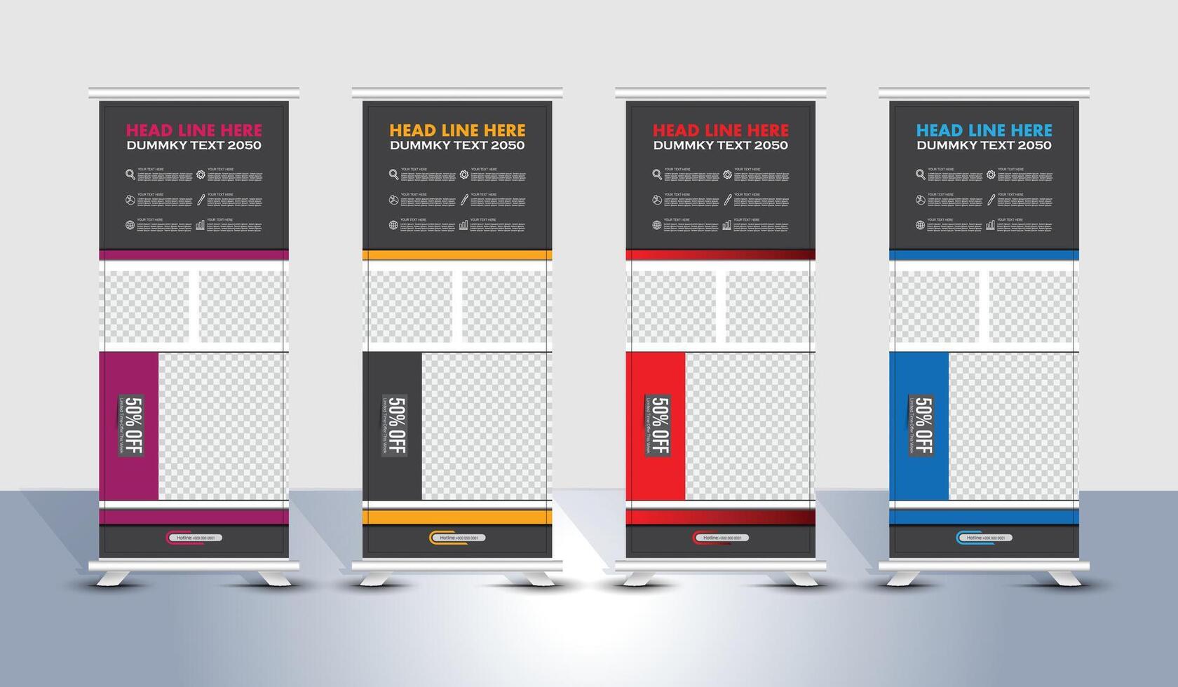 Red, blue, purple, black color roll up banner template design vector