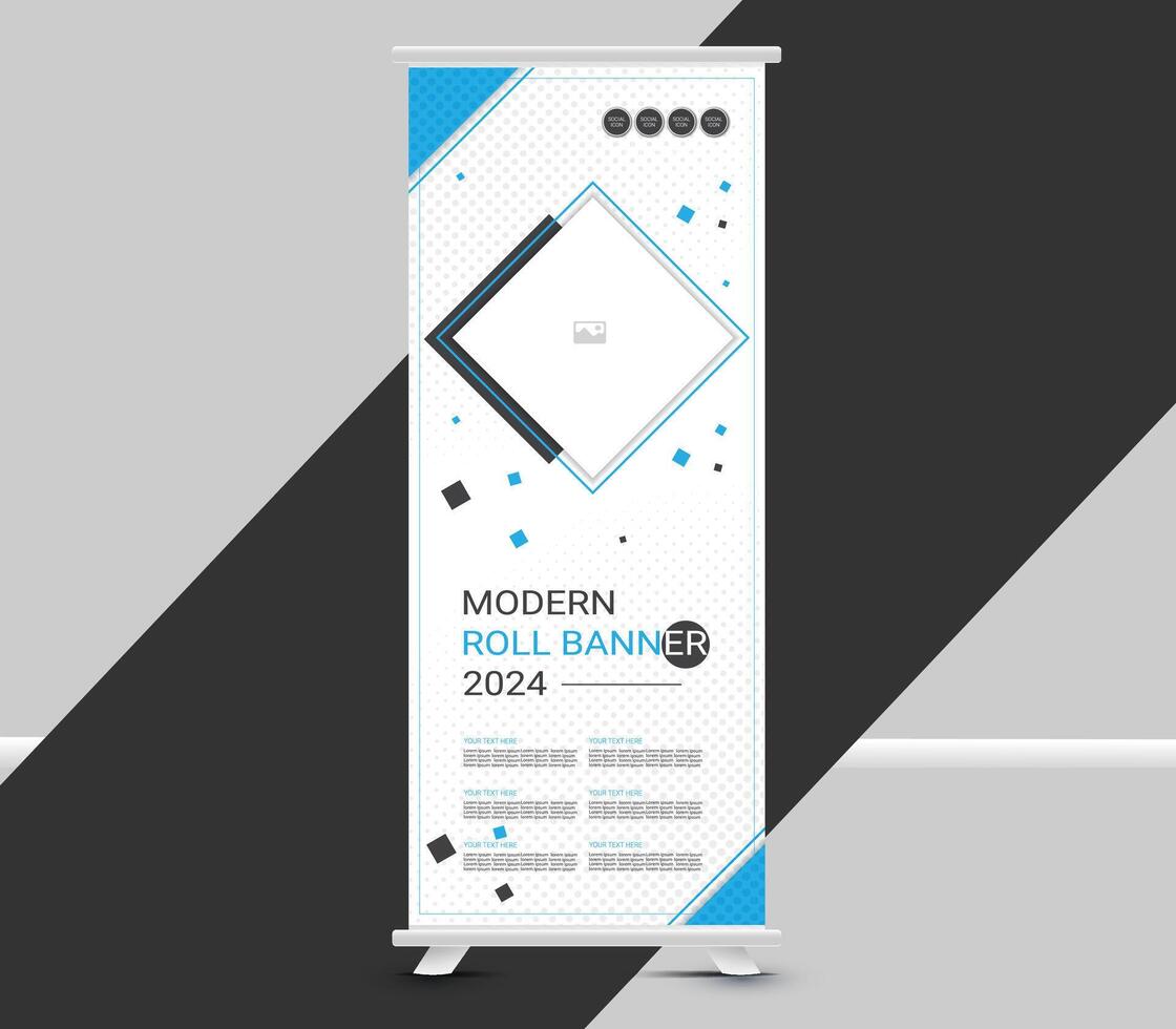 Modern corporare roll up banner tempalte design with blue and white geometric shapes vector