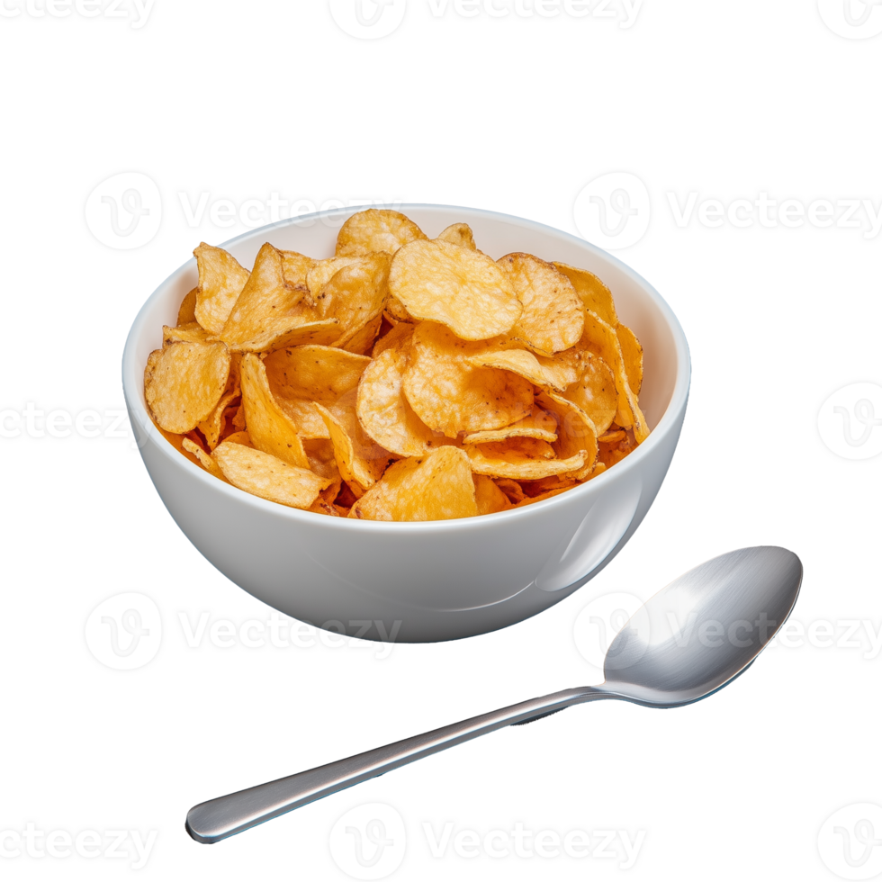 Bowl of Crispy Potato Chips with Spoon on Transparent Background png