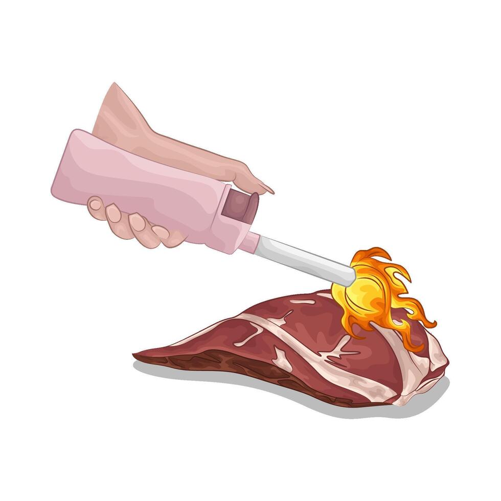 Meat is grilled using lighter gas vector