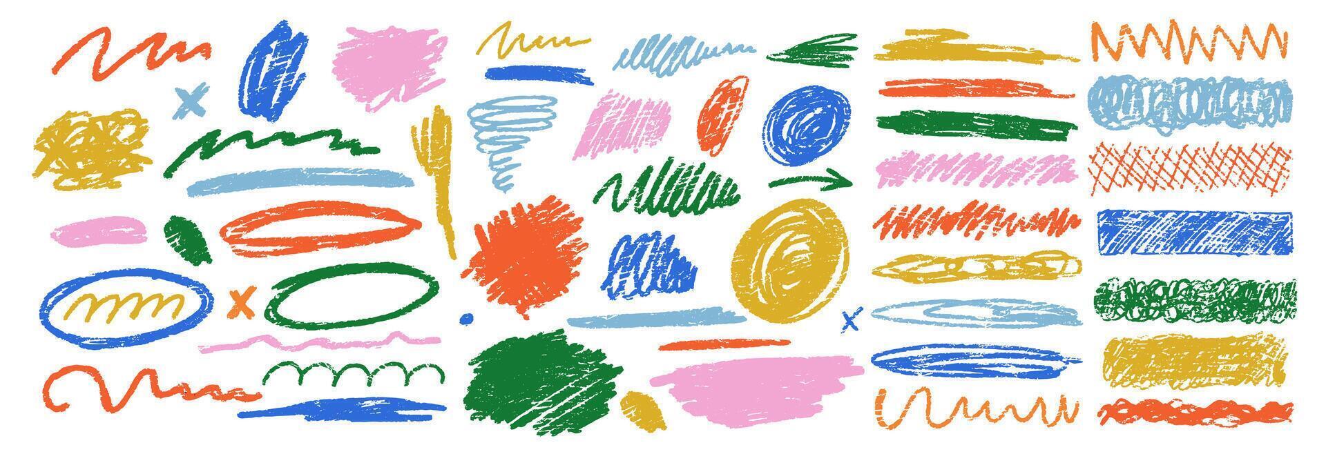 Scribble charcoal strokes set with crayon or pastel texture. Charcoal pencil curly lines and squiggles, swirls and spirals. Colorful illustration on a white background. vector