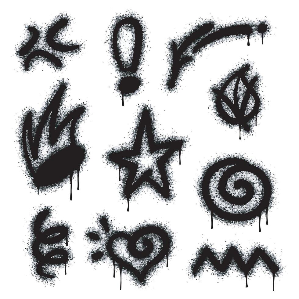 Collection of graffiti image symbols. Spray painted graffiti pattern with question marks, arrows, crowns, stars, skulls, fences and fists. Spray paint element. Street art style illustration vector