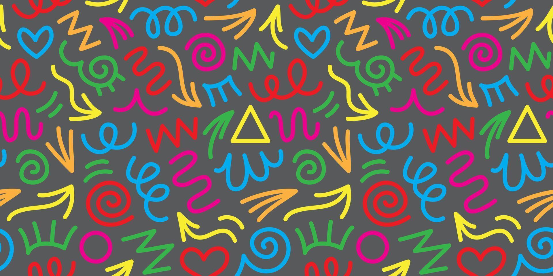 fun colorful line doodle seamless pattern. Creative abstract art background collection for children or festive celebration design. Simple childish scribble wallpaper print texture bundle. vector