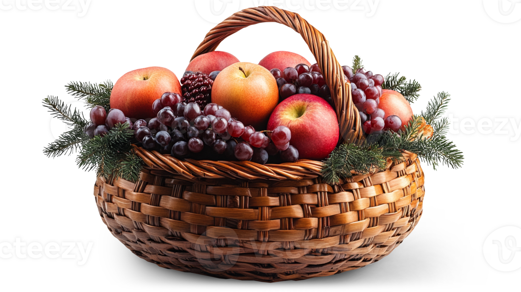 A woven basket filled with ripe apples and clusters of grapes rests among decorative greenery. This vibrant assortment showcases the natural beauty of fresh produce, perfect for various uses. png