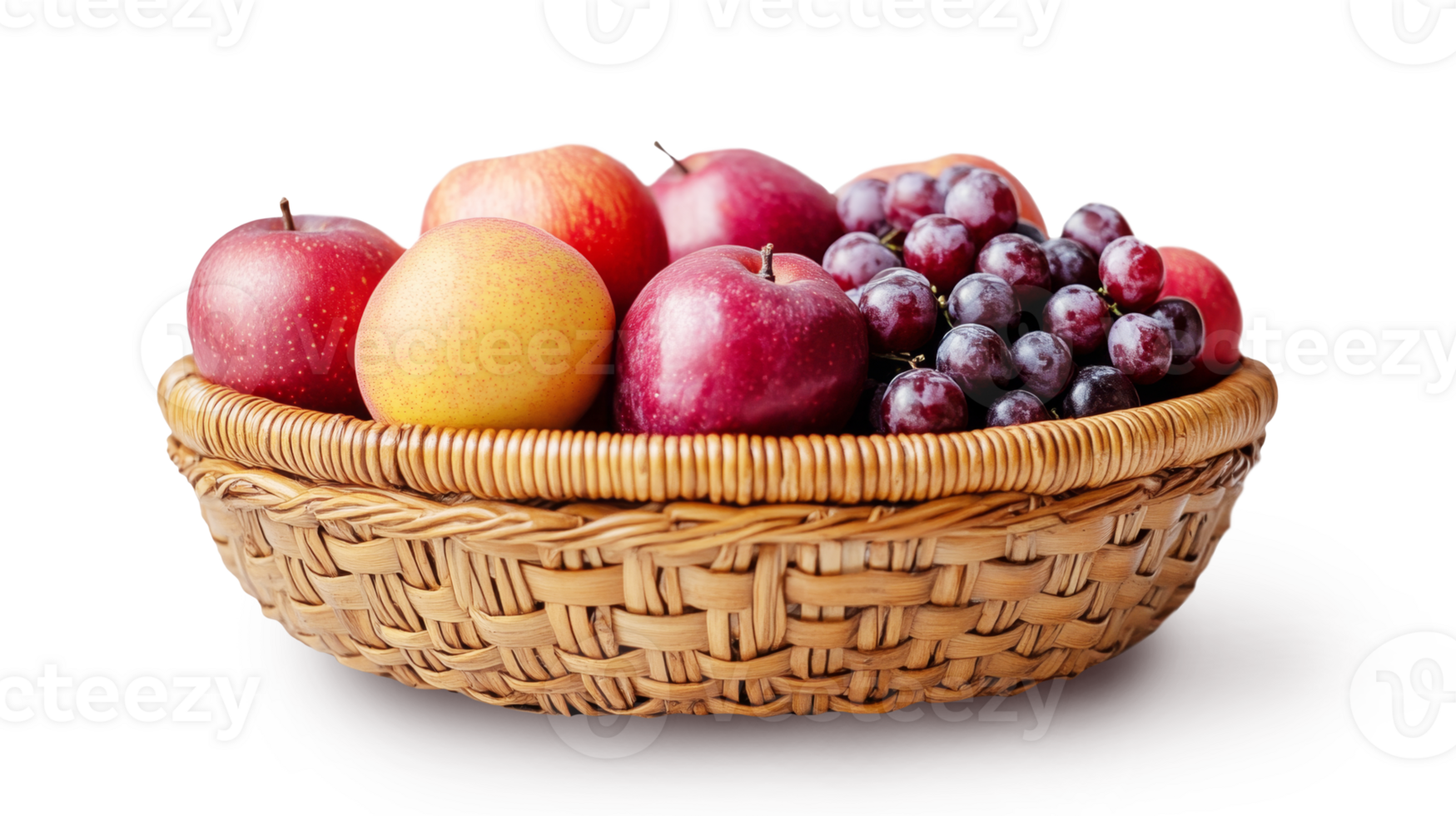 A woven basket filled with colorful apples and clusters of dark grapes sits isolated against a transparent background, showcasing the fresh and vibrant produce ready for consumption. png
