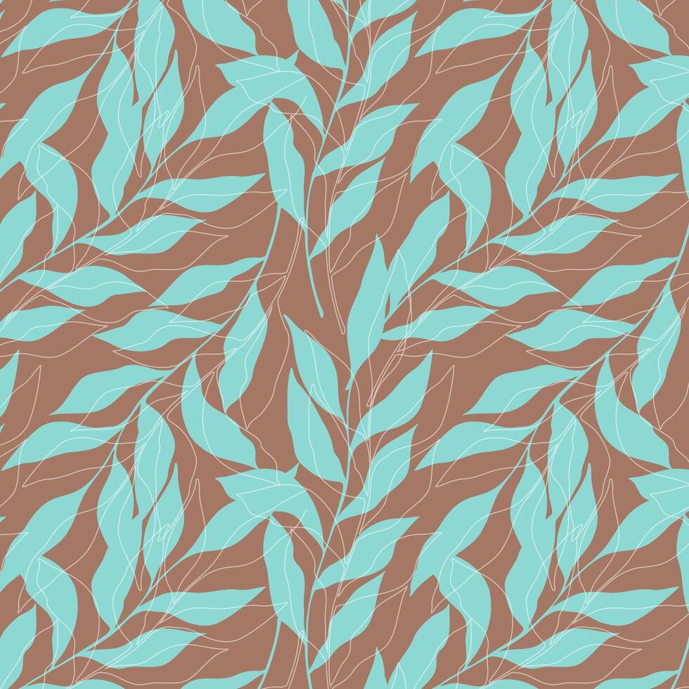 Botanical pattern with blue leaves on color trend mocha mousse background. vector