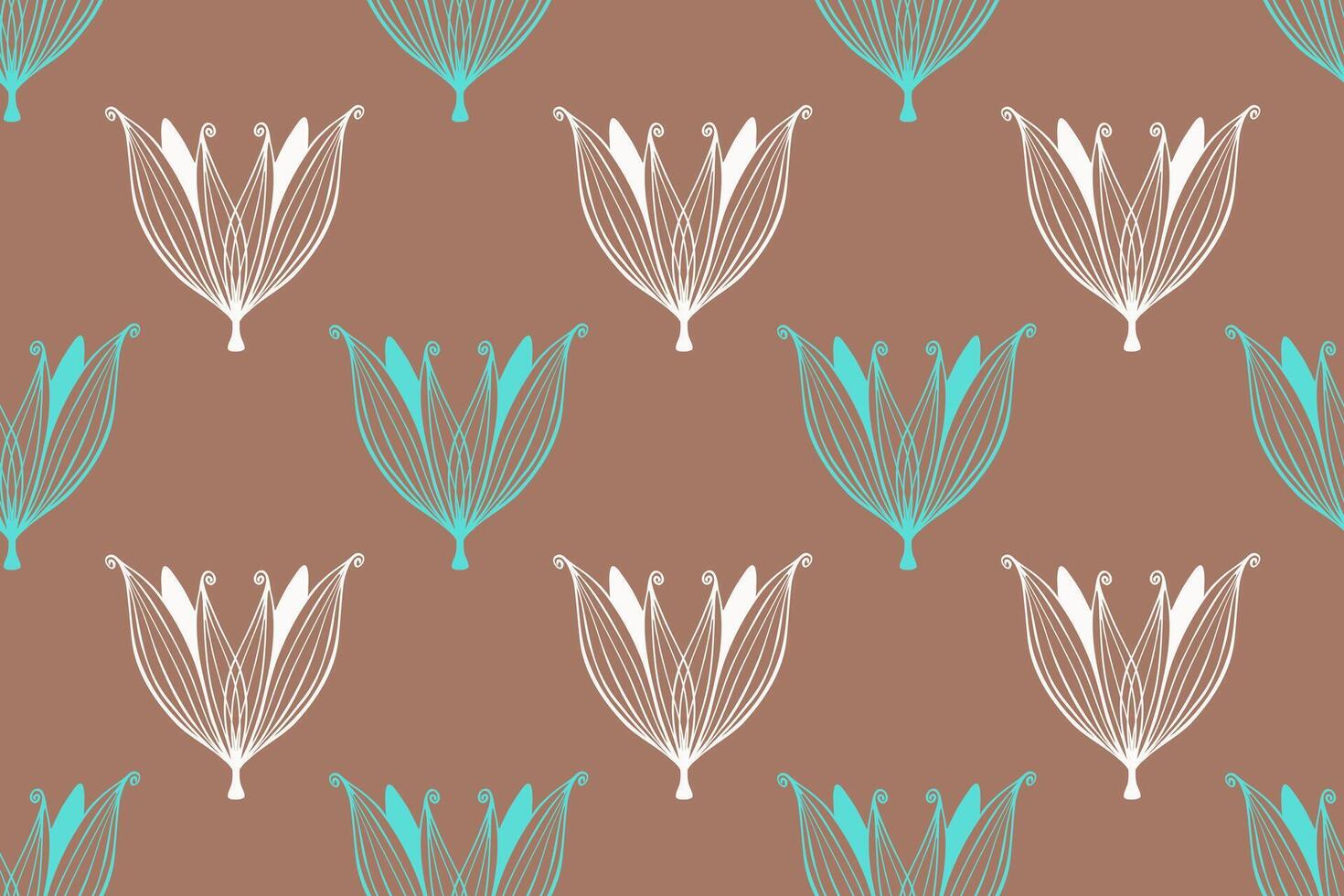 Pattern contour flowers hand drawn doodle white and blue-green color on mocha mousse background. vector