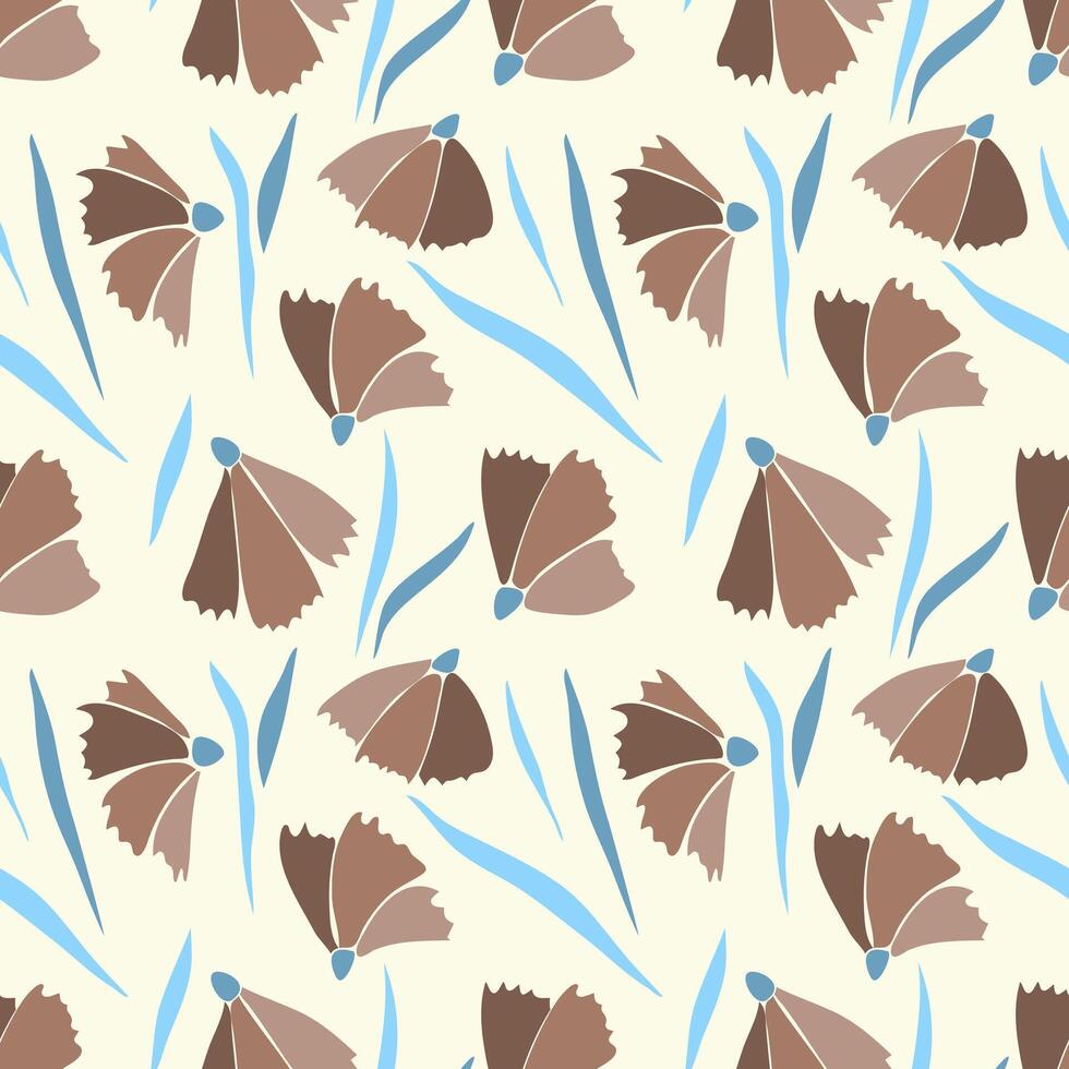 Pattern of flowers in mocha tones with blue leaves on soft beige background. The color trend is mocha mousse. vector