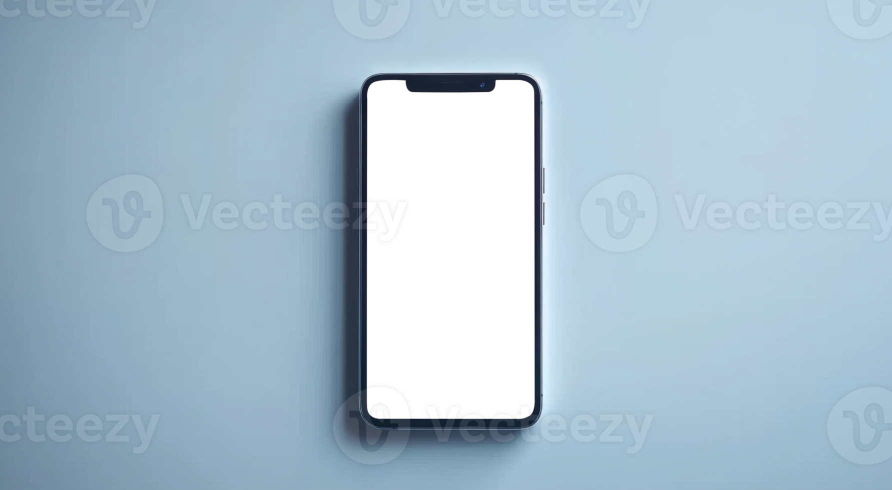 A black smartphone is positioned centrally against a light blue surface. The screen is empty and transparent, making it ideal for custom graphics or apps. The device showcases a modern design. png