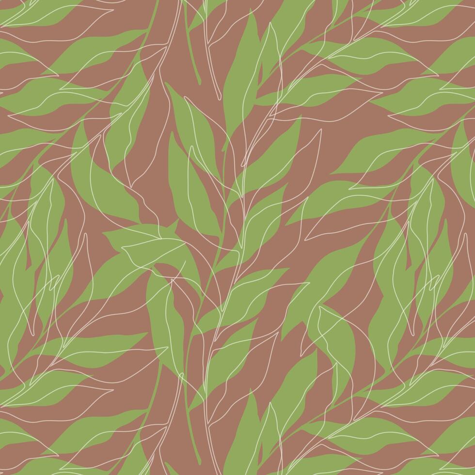 Botanical pattern with green leaves silhouette and white contour, on color trend mocha mousse background. vector