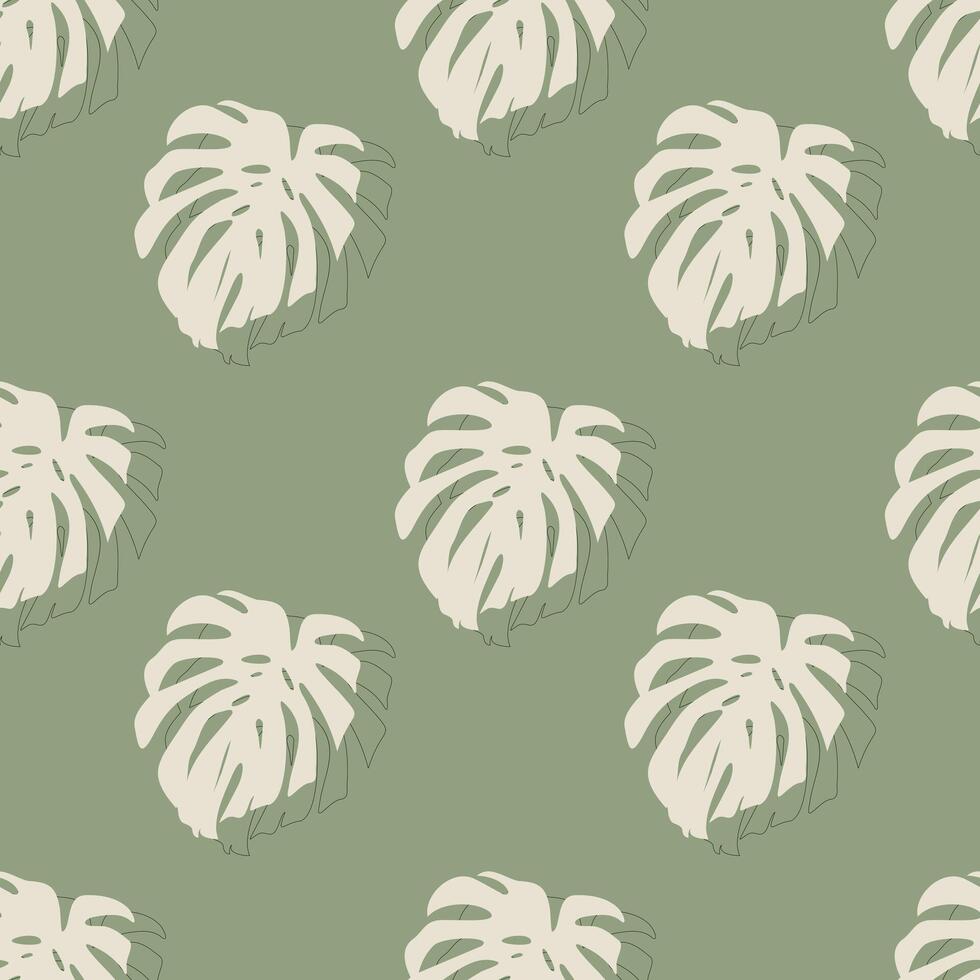 Pattern of Monstera leaves in beige color and leaf outline, textile soft green pastel background. vector
