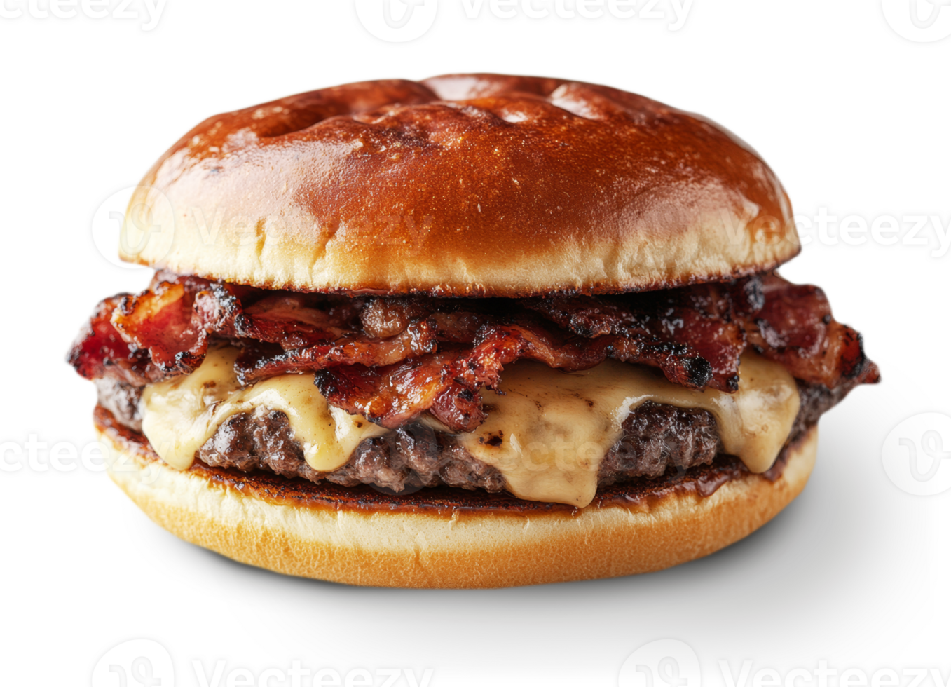 Succulent burger featuring a juicy beef patty topped with crispy bacon and gooey melted cheese, all sandwiched in a golden toasted bun. Ideal for a hearty meal or quick snack. png