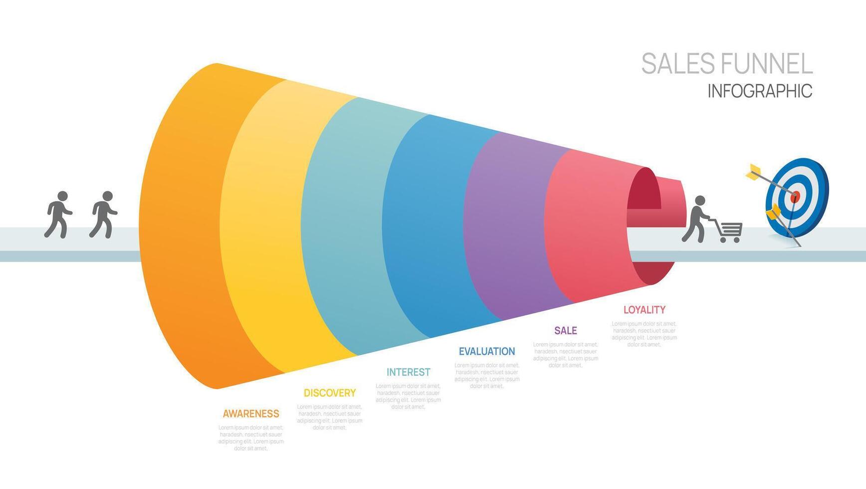 Sales funnel Infographic diagram template for business.6 steps, marketing and startup business, infographics. vector
