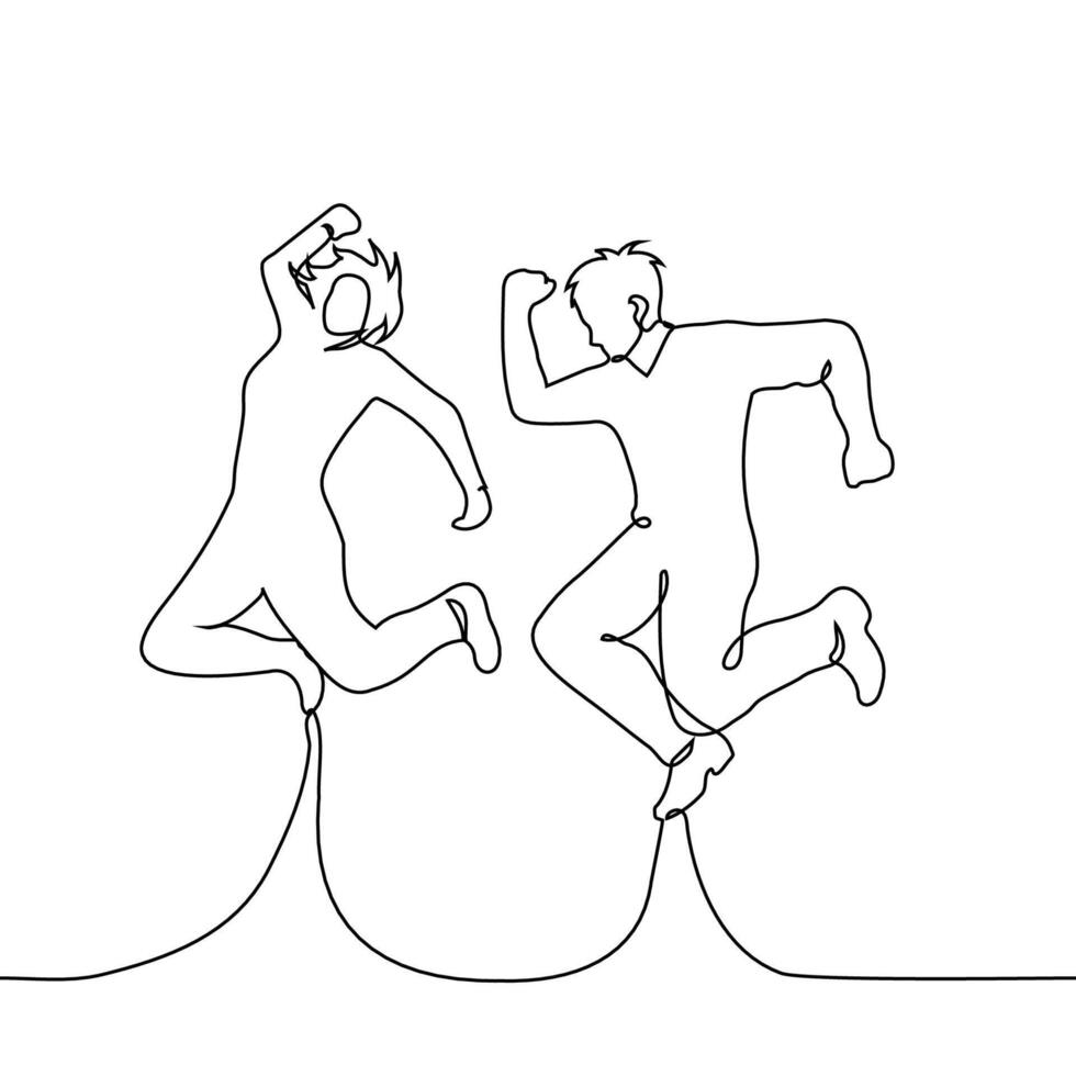 woman and man full length in a joyful jump - one line art vector
