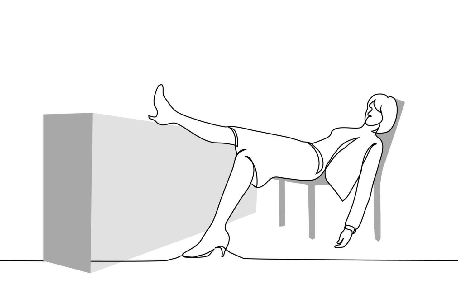 woman in suit and office skirt put her leg on table and sprawled on office chair - one line art . concept burnout, lazy person, procrastination vector