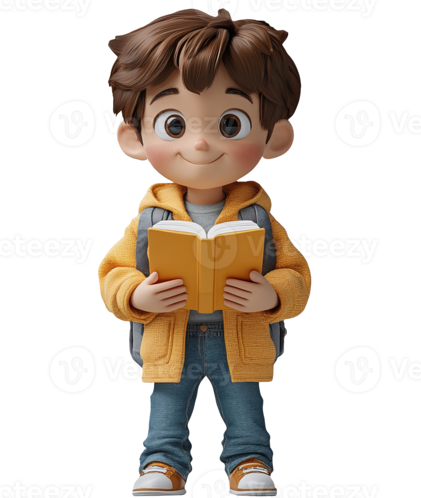 This illustration features a young boy eagerly reading a book. He wears a warm hoodie and holds the book in both hands, showcasing an engaging moment of curiosity. png
