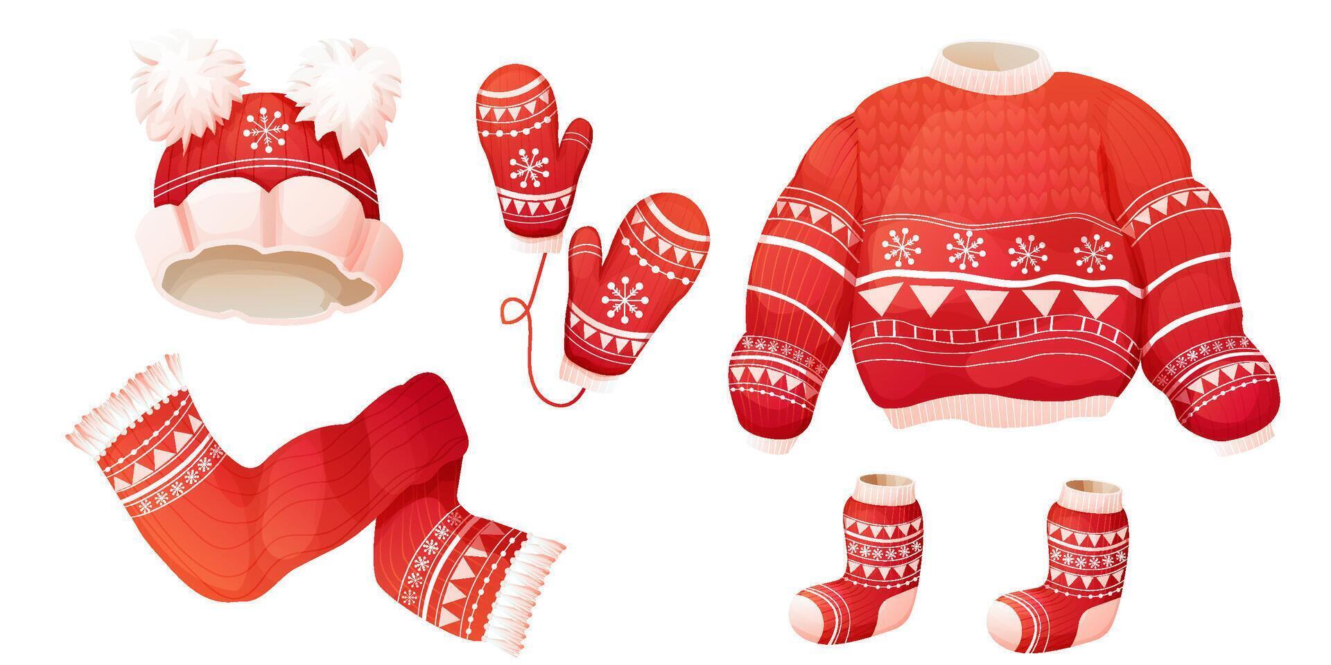 Cute winter warm knitted red sweater hat scarf and socks. Christmas clothes with festive traditional winter ornament. Nordic christmas retro. vector