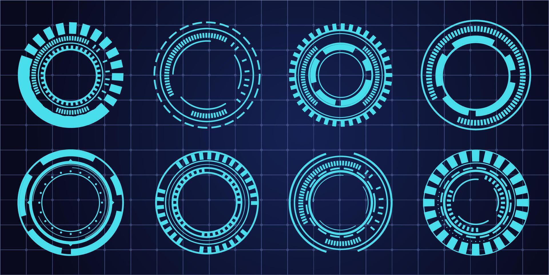 Hud aim pointer optical target, Futuristic focus range indicators, laser crosshair collimator sight. Measurement sniper for sniper gun. Game interface design ui element vector