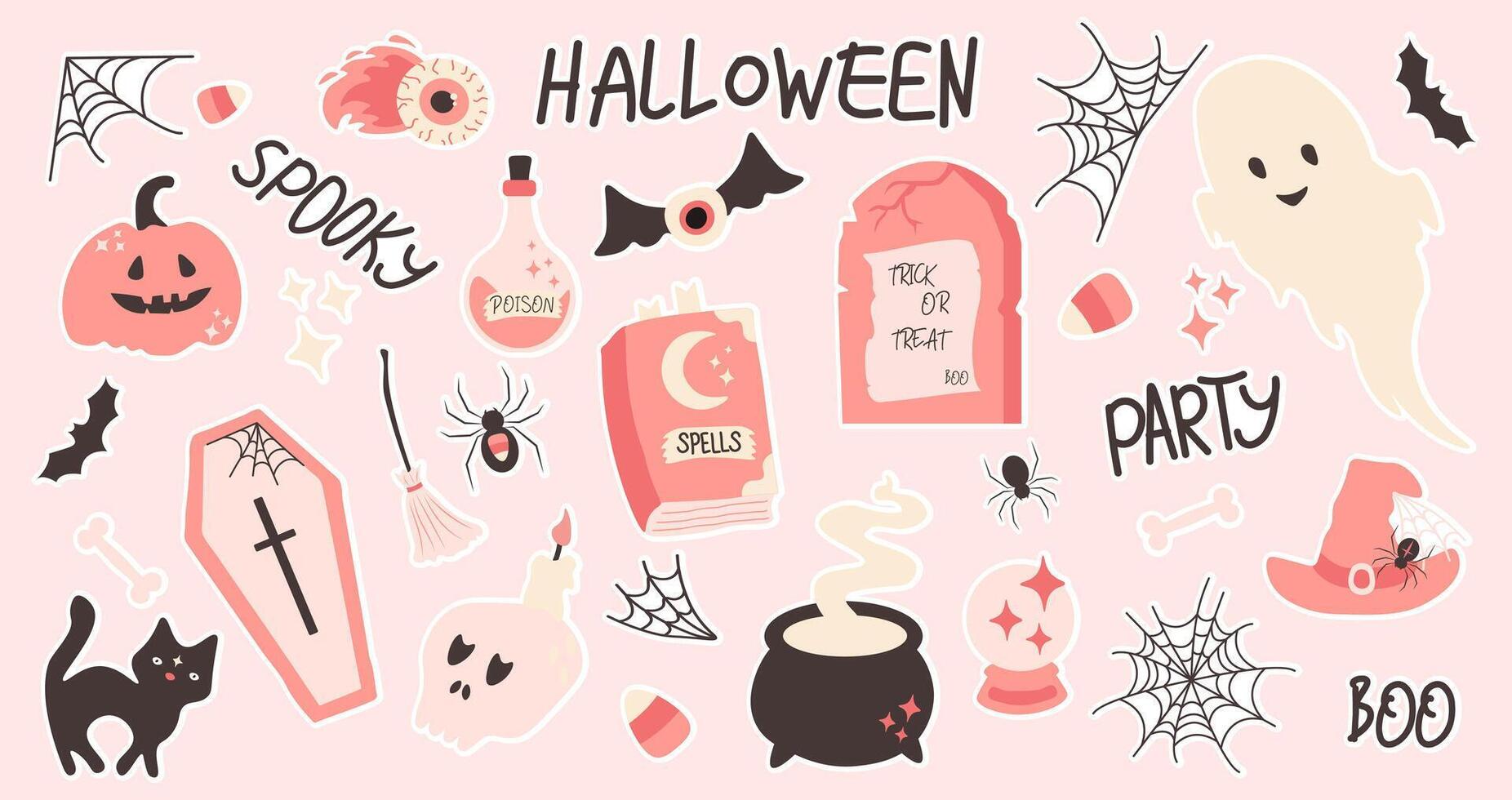 Halloween stickers set on pink background. Cute decor of magical elements in a simple style. For scrapbooking, greeting card, party invitation vector