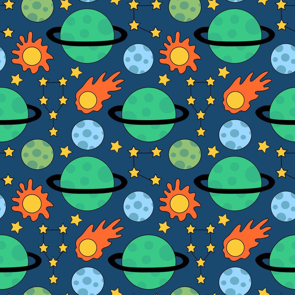 Space Seamless Pattern with Planets and Stars, Constellation, Comet. Background for Kids Design. vector