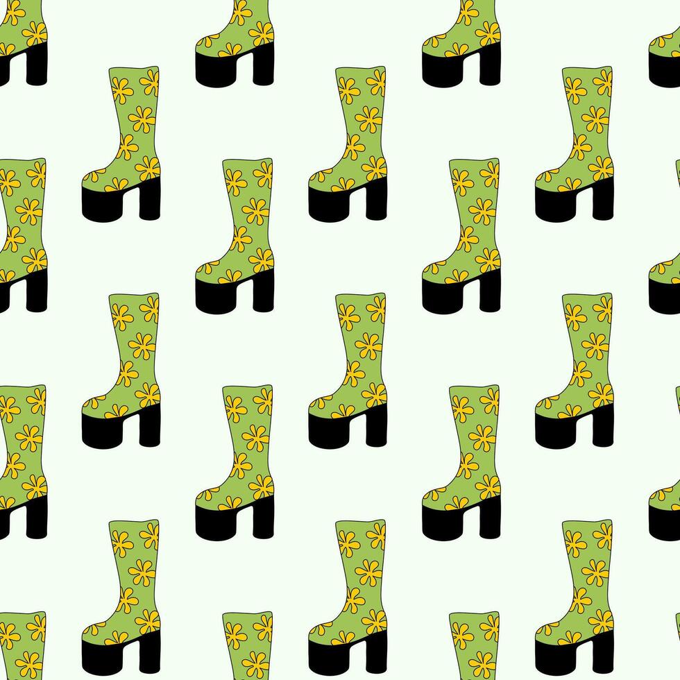 Seamless Pattern. Trendy 1980 retro green disco boot with flower design. Vintage shoe. flat illustration. vector