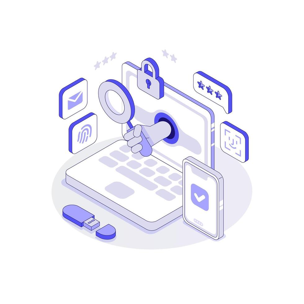Multi Factor Authentication concept. The Hand with the Check comes out of the monitor. Mfa isometric illustration vector