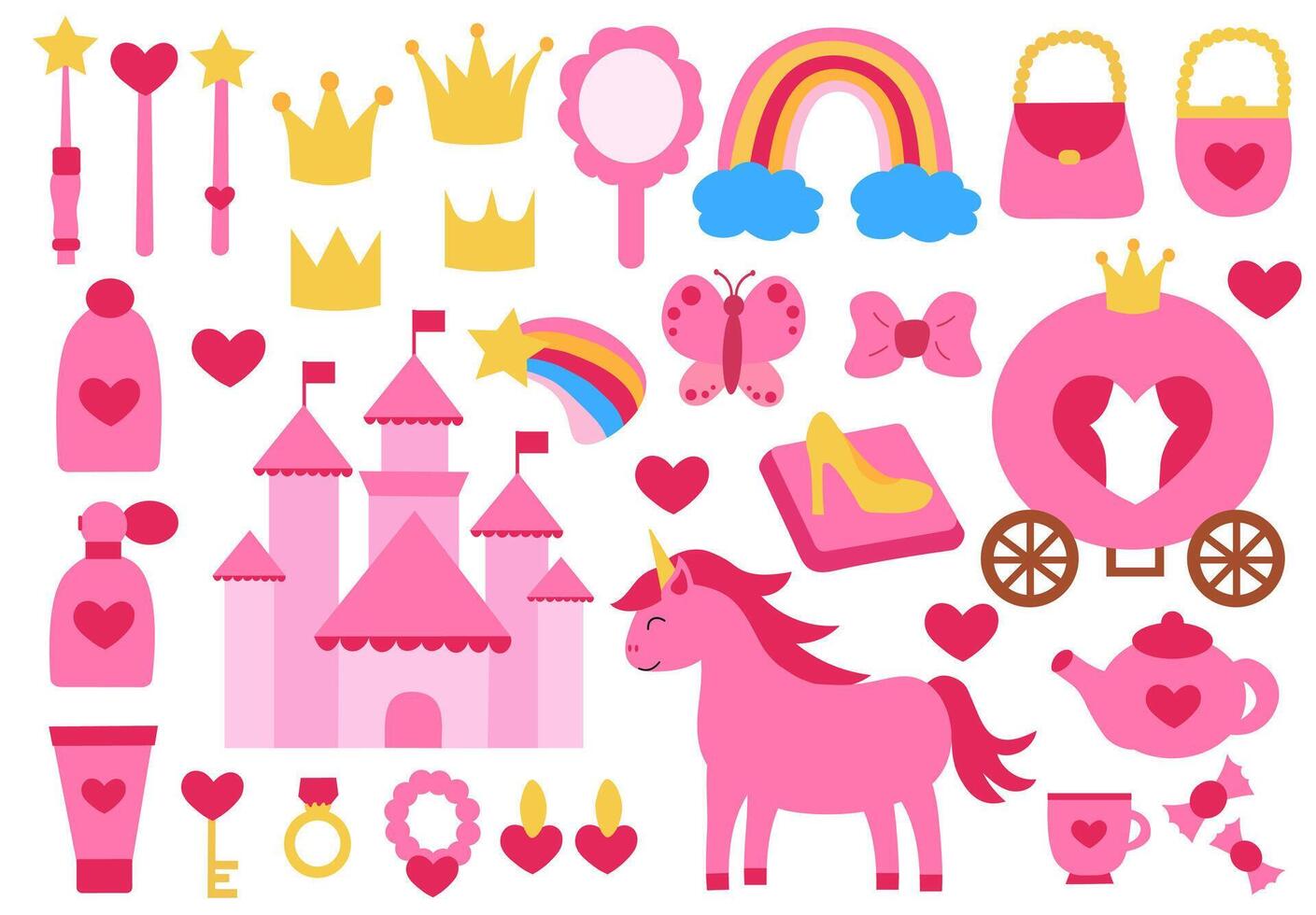 Set of Princess pink elements. flat illustration. vector
