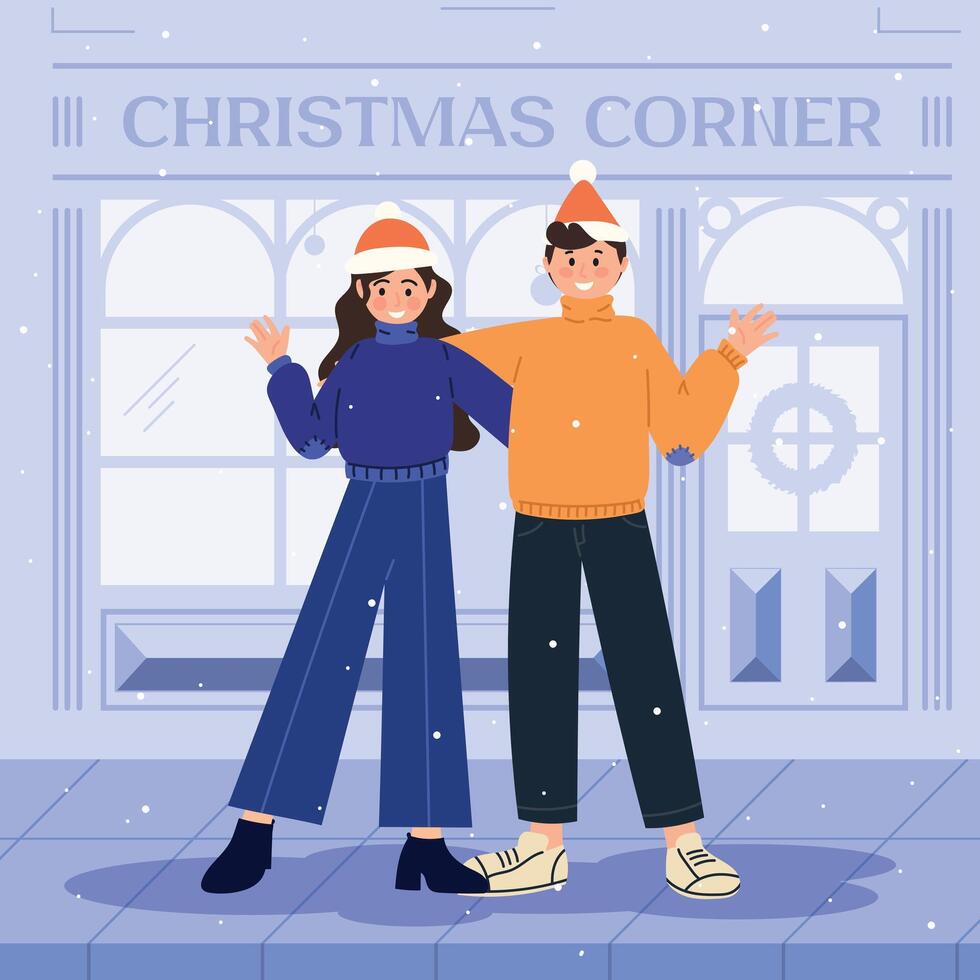 A couple in love stands on the street in winter and greets everyone in Santa Claus hats vector