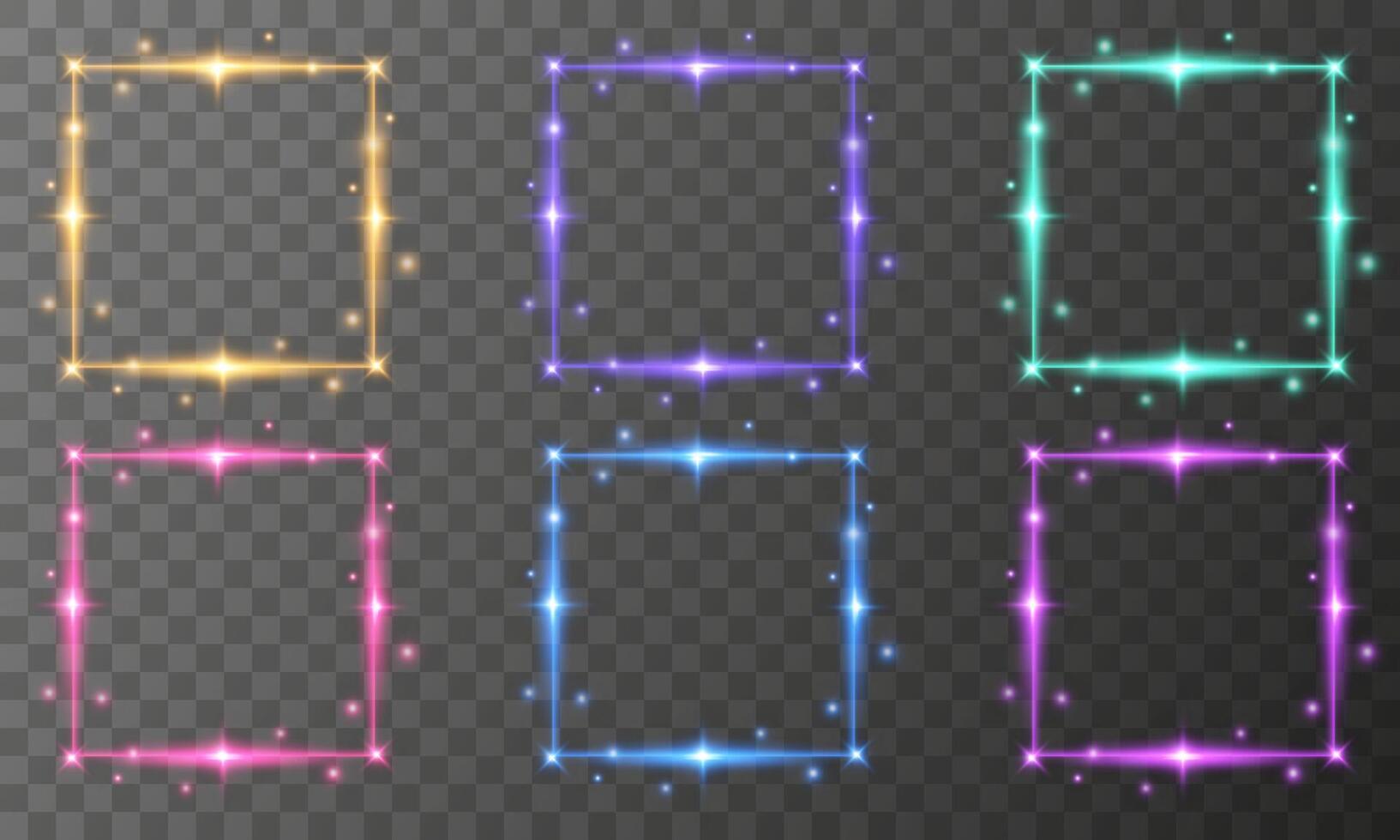 Glowing with star light square frame set. Shiny border collection. vector