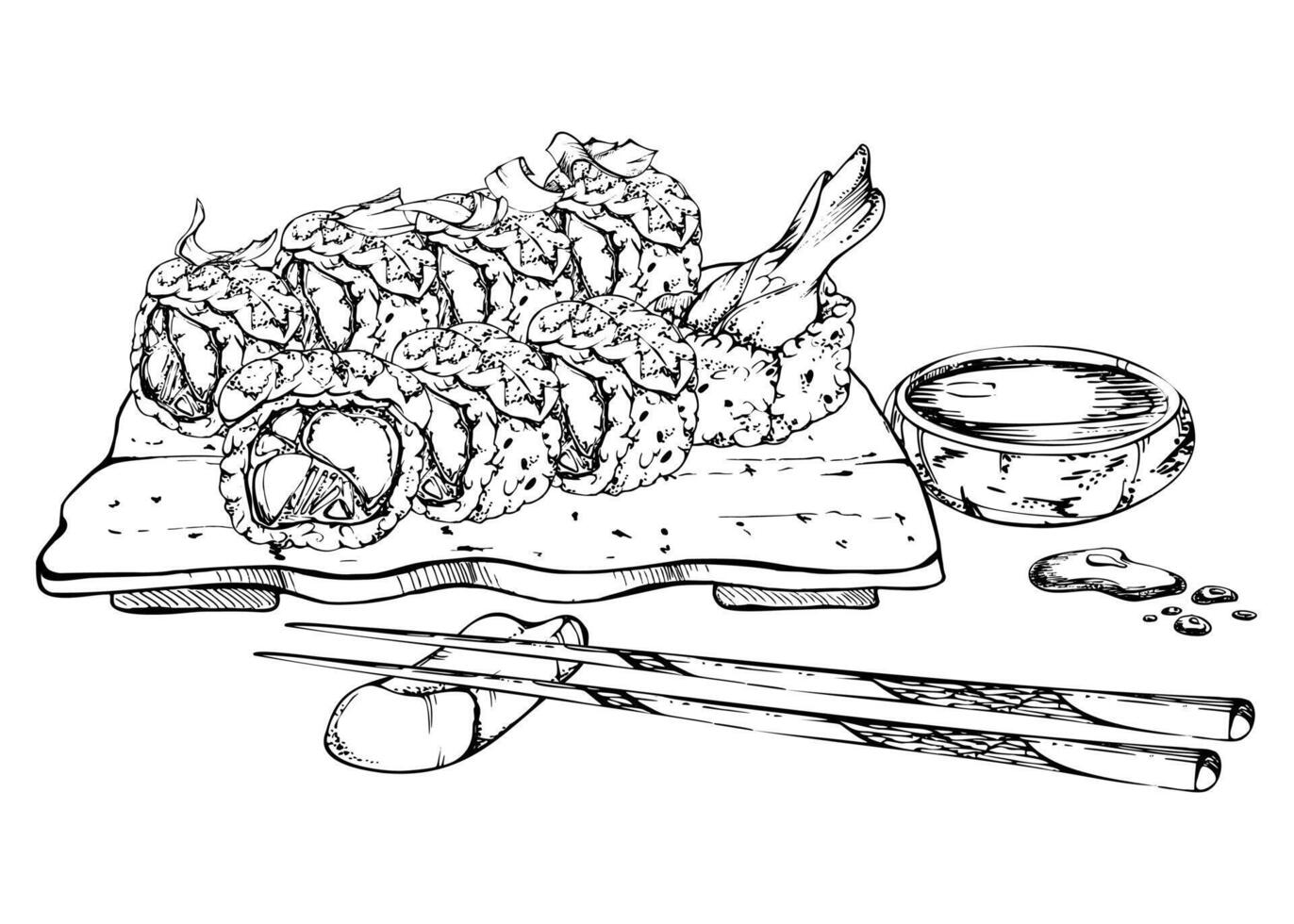 Japanese food sushi roll set on ceramic plate with soy sauce bowl, chopsticks. Raw fish shrimp prawn, sesame avocado, hand drawn in pen, ink. Illustration for restaurant, cafe menu, recipe book vector